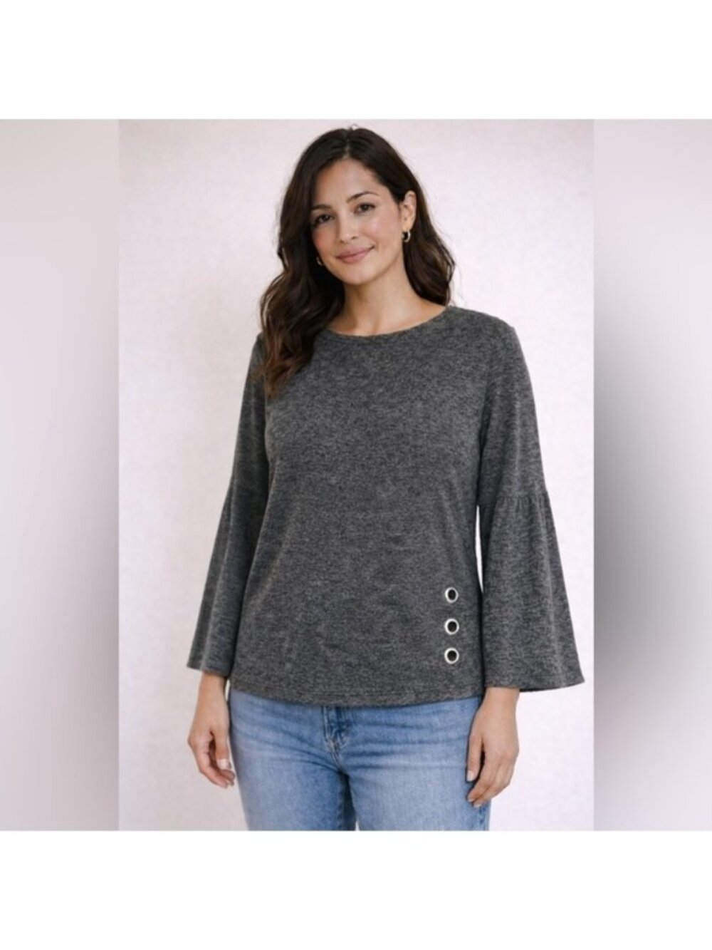 Riva Grey Bell Sleeve Top – Size M – Silver Grommet Detail